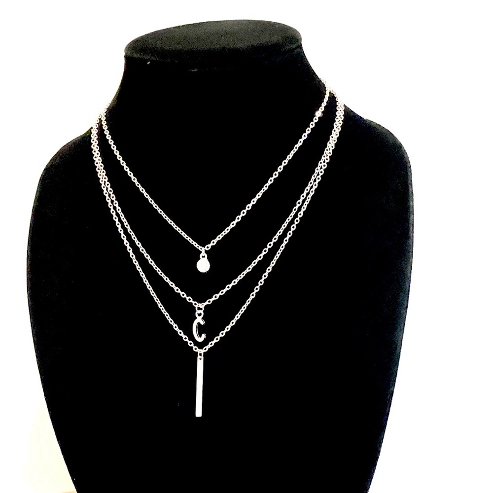 Silver Layered Necklace Birthstone Inital Bar